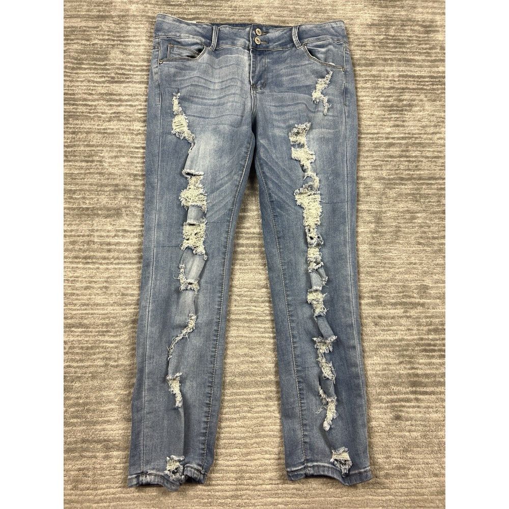 Almost Famous Jeans Juniors 13 Blue Medium Wash Straight Leg‎ Destroyed